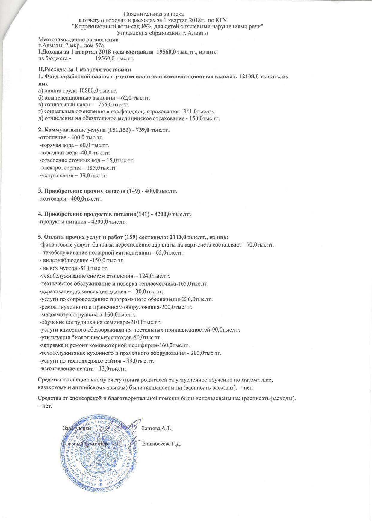 Отчет о доходах и расходах за 1 кв