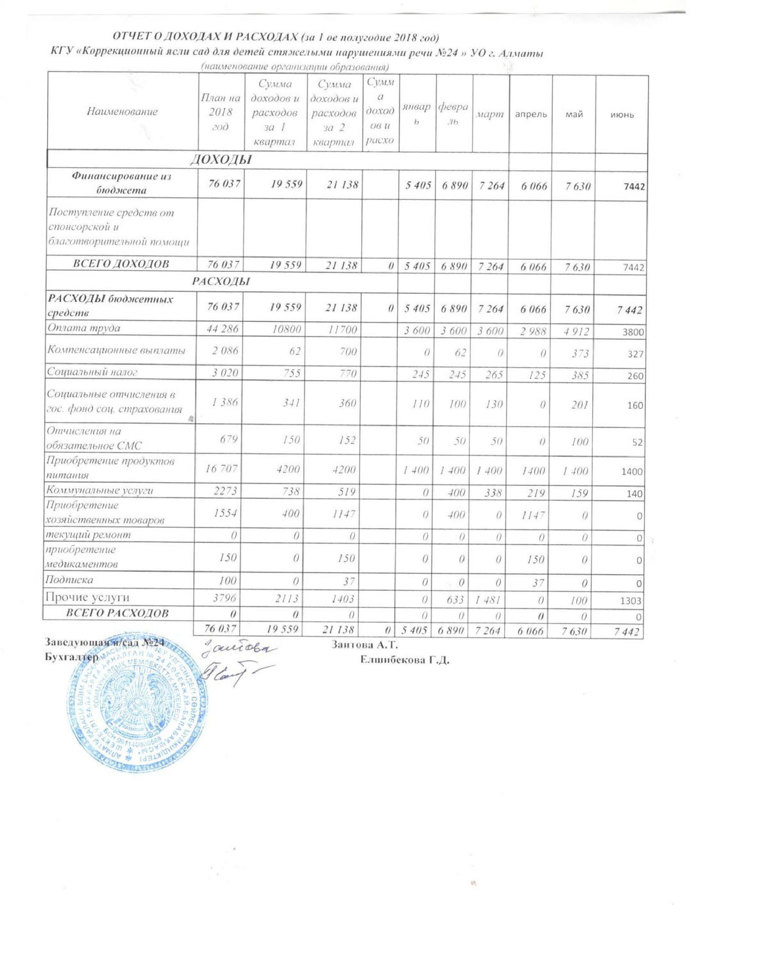 Отчет о доходах и расходах за 1-ое полугодие 2018