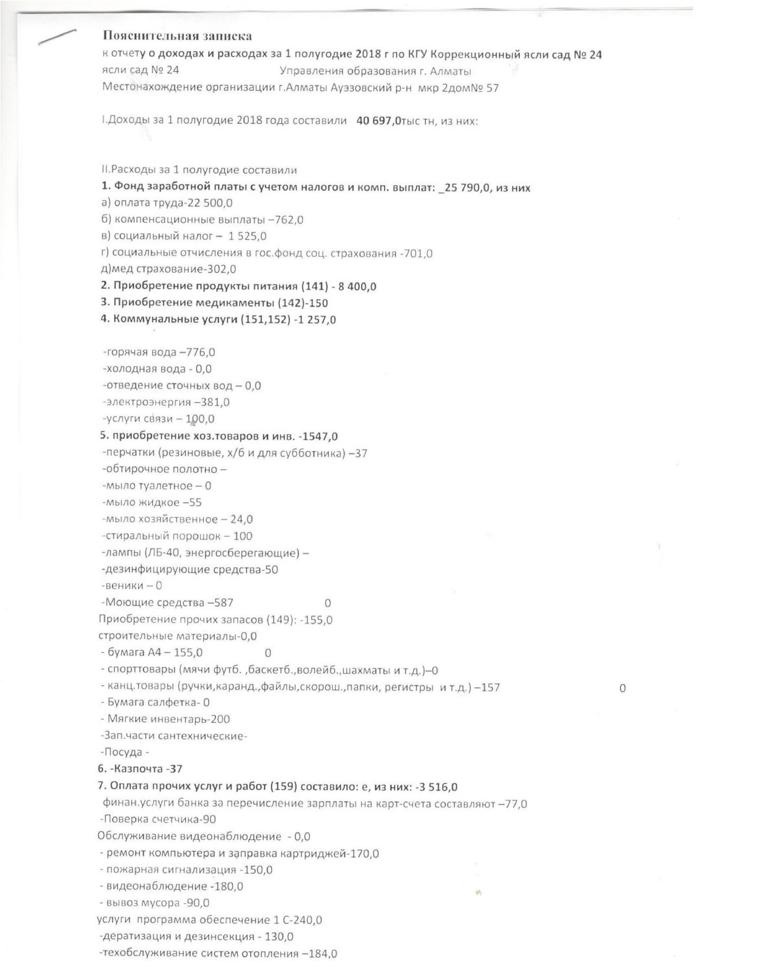 Отчет о доходах и расходах за 1-ое полугодие 2018