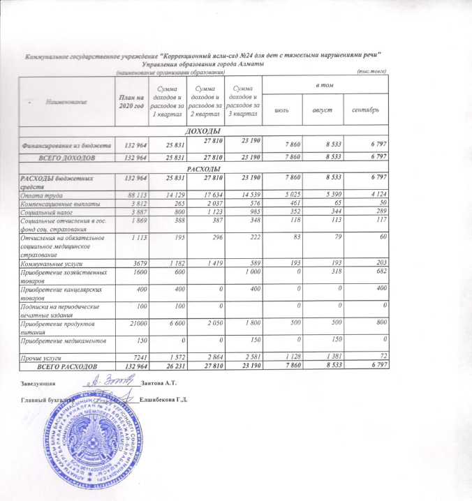 Отчет о доходах и расходах за 3 квартал 2020 г