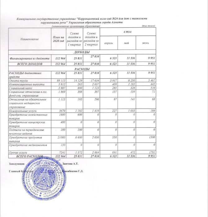 Отчет о доходах и расходах за 2 квартал 2020 г